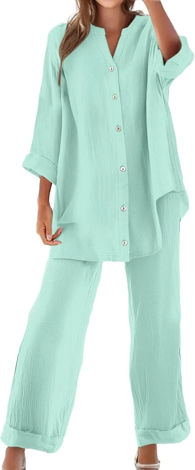 2 Piece Sets for Women 2025 Sleeve Shirt Tops Pockets Pants Shirt Trousers Set Casual Sweatsuits Short Sleeve Tracksuit