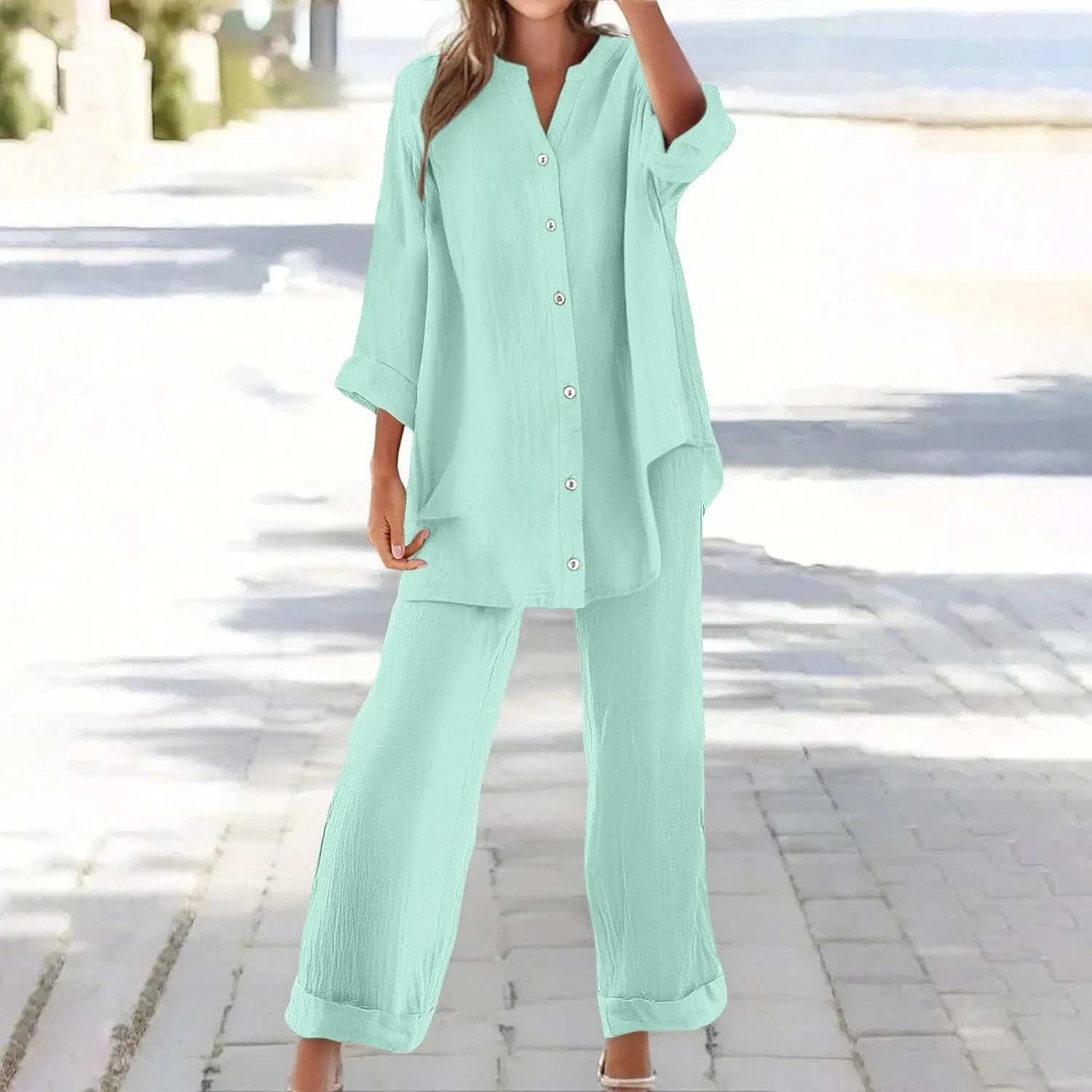 2 Piece Sets for Women 2025 Sleeve Shirt Tops Pockets Pants Shirt Trousers Set Casual Sweatsuits Short Sleeve Tracksuit