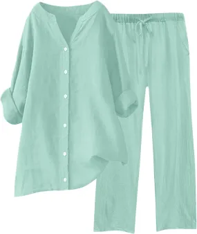 2 Piece Sets for Women 2025 Sleeve Shirt Tops Pockets Pants Shirt Trousers Set Casual Sweatsuits Short Sleeve Tracksuit