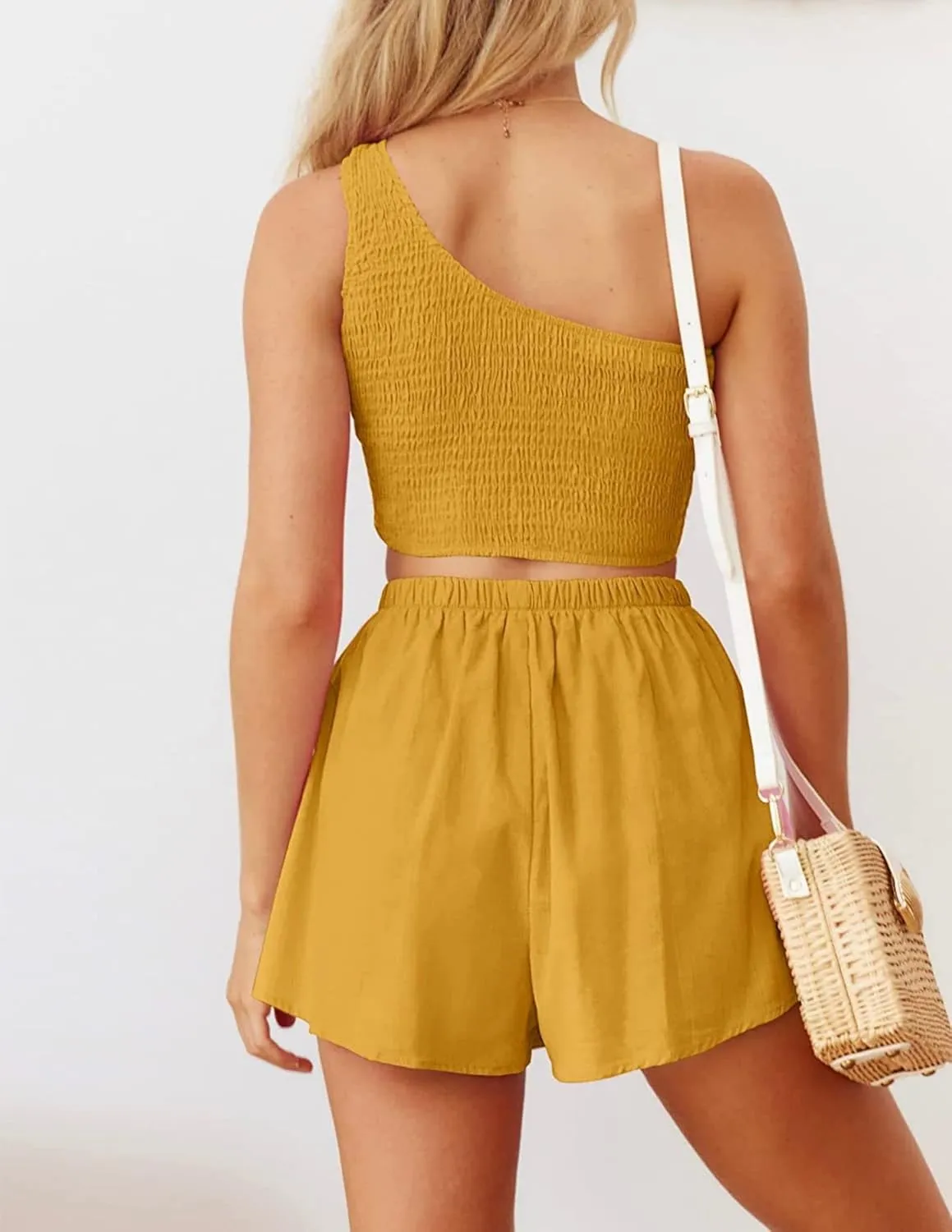 2 Piece Short Sets for Women Athletic Outfits One Shoulder Crop Tank Tops Shorts Summer Casual Yoga Gym Sports Clothes