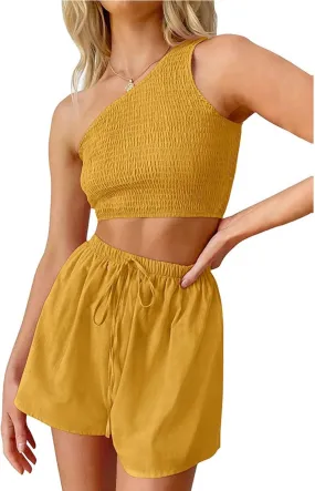 2 Piece Short Sets for Women Athletic Outfits One Shoulder Crop Tank Tops Shorts Summer Casual Yoga Gym Sports Clothes