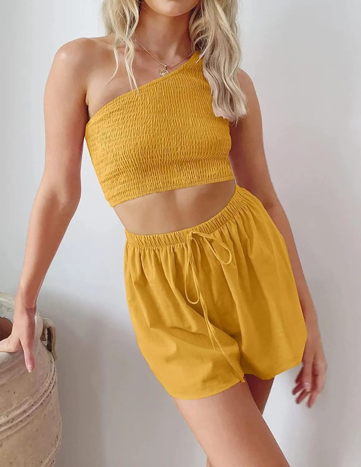2 Piece Short Sets for Women Athletic Outfits One Shoulder Crop Tank Tops Shorts Summer Casual Yoga Gym Sports Clothes