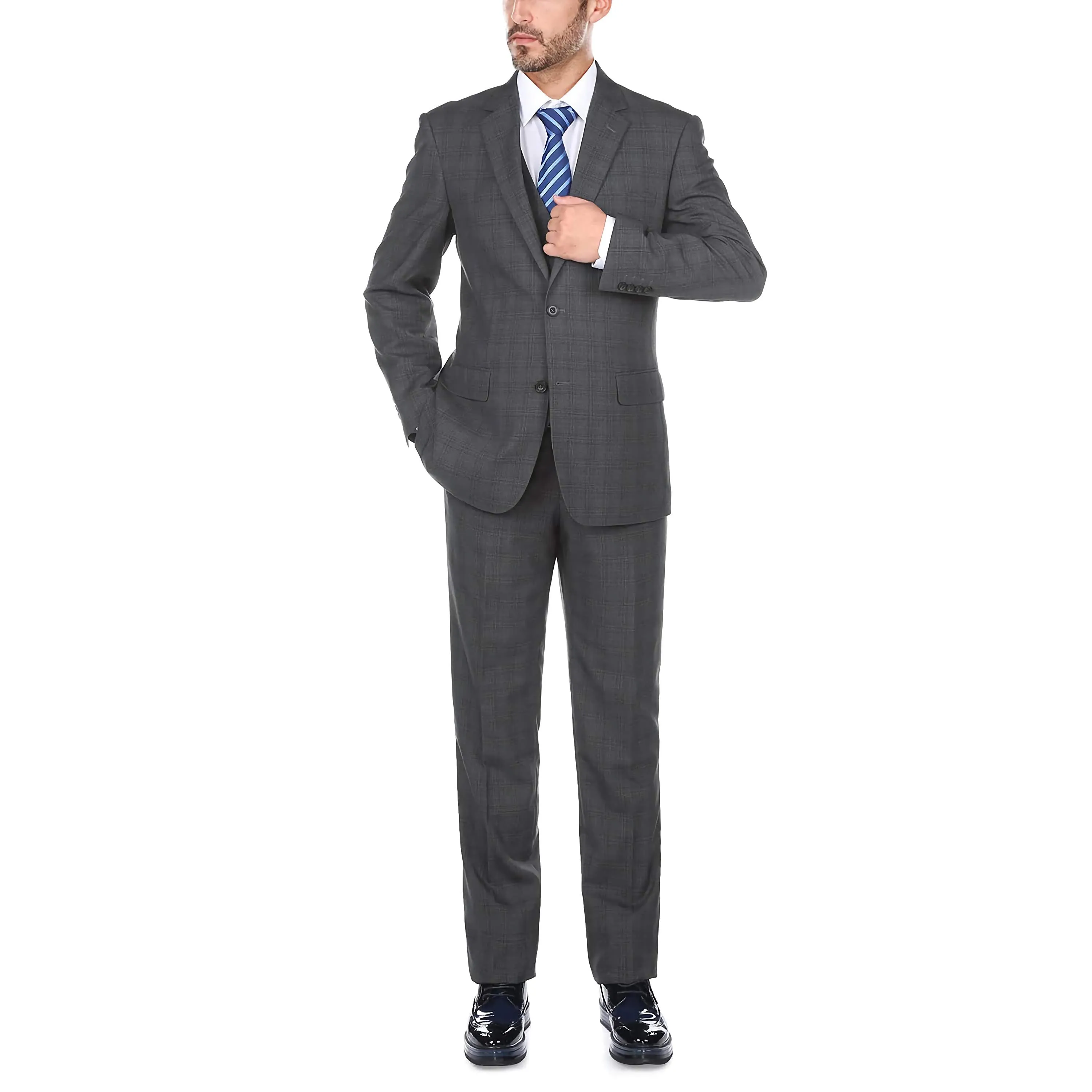 3 Piece Suit 2 Buttons Gray Glen Plaid Regular Fit