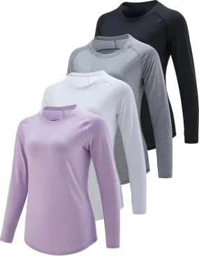 4-Pack: Womens Long Sleeve Athletic Tops with Thumb Holes – Dry Fit Active Crewneck Workout Tees