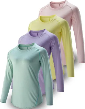 4-Pack: Womens Long Sleeve Athletic Tops with Thumb Holes – Dry Fit Active Crewneck Workout Tees