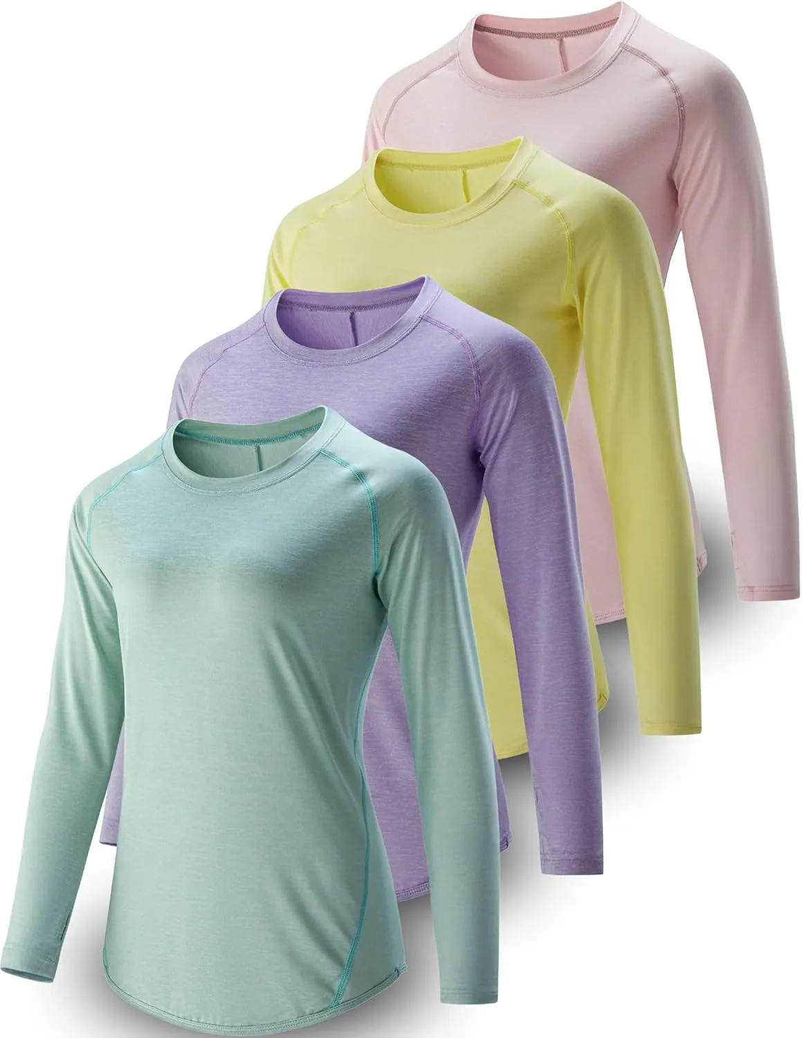 4-Pack: Womens Long Sleeve Athletic Tops with Thumb Holes – Dry Fit Active Crewneck Workout Tees