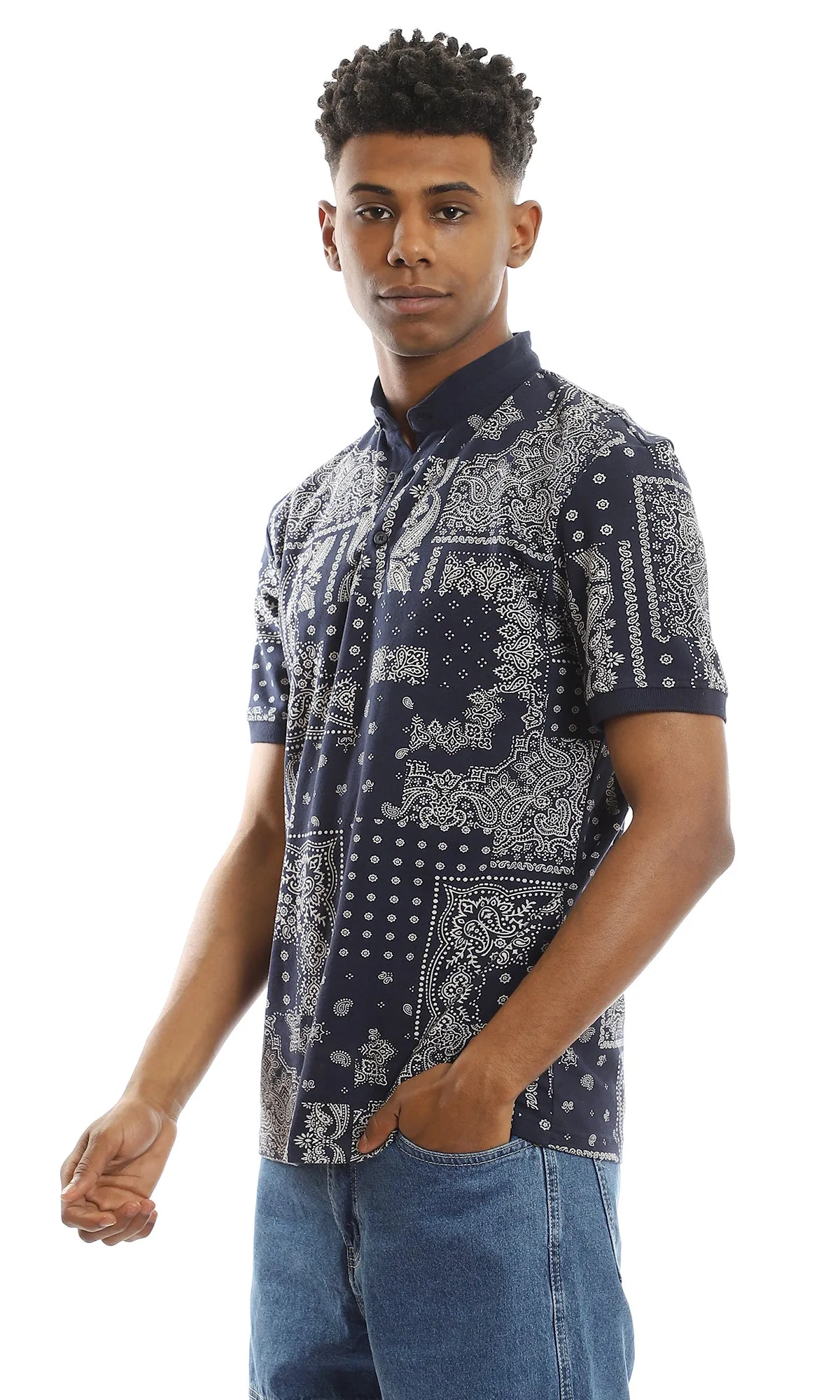 97556 Patterned Navy Blue Polo Shirt With Pique Touch