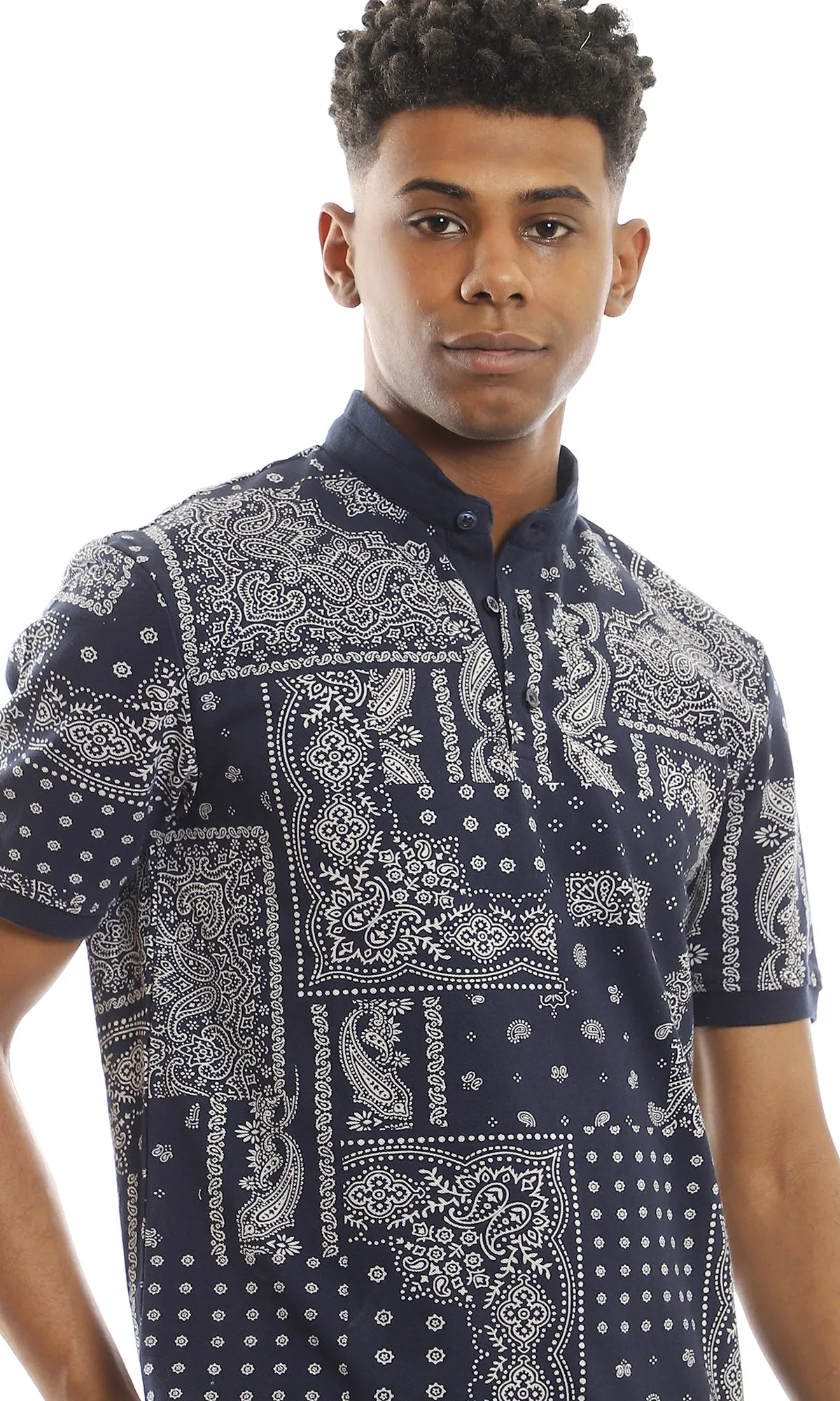 97556 Patterned Navy Blue Polo Shirt With Pique Touch