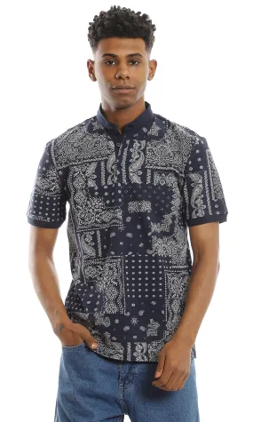 97556 Patterned Navy Blue Polo Shirt With Pique Touch