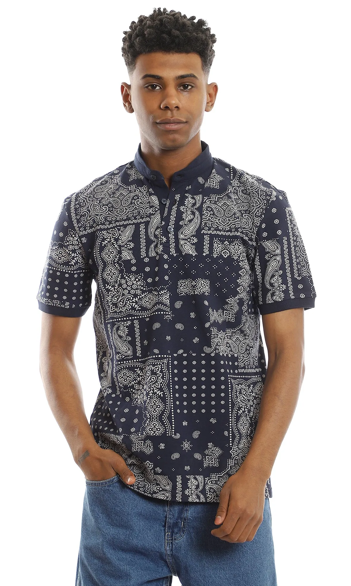 97556 Patterned Navy Blue Polo Shirt With Pique Touch