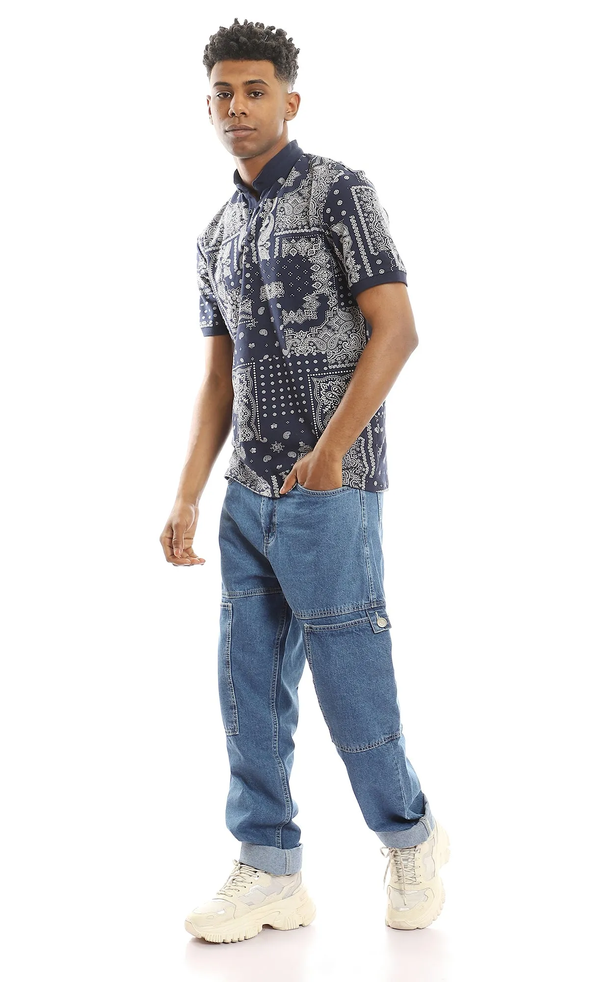 97556 Patterned Navy Blue Polo Shirt With Pique Touch