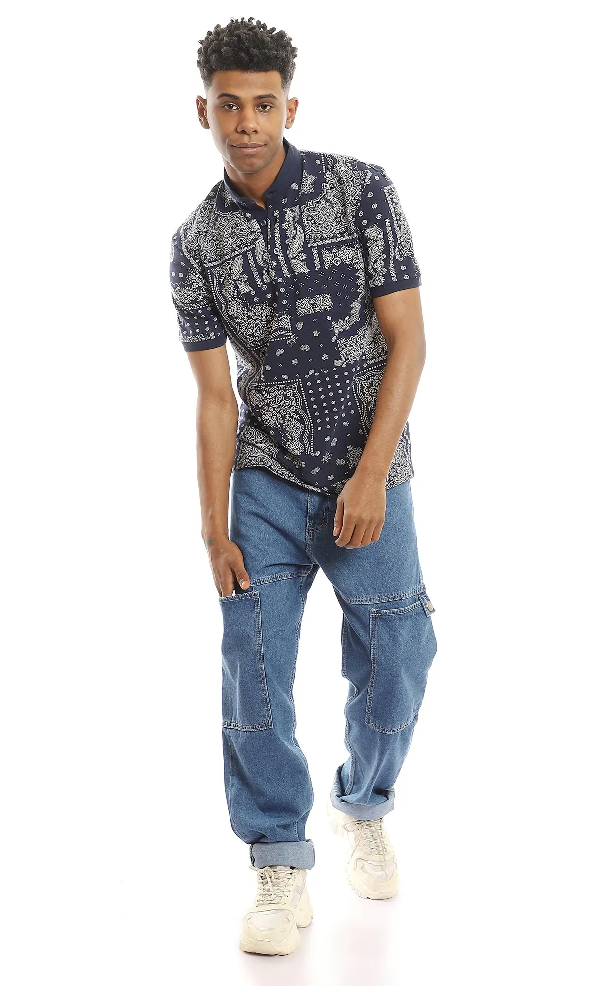 97556 Patterned Navy Blue Polo Shirt With Pique Touch