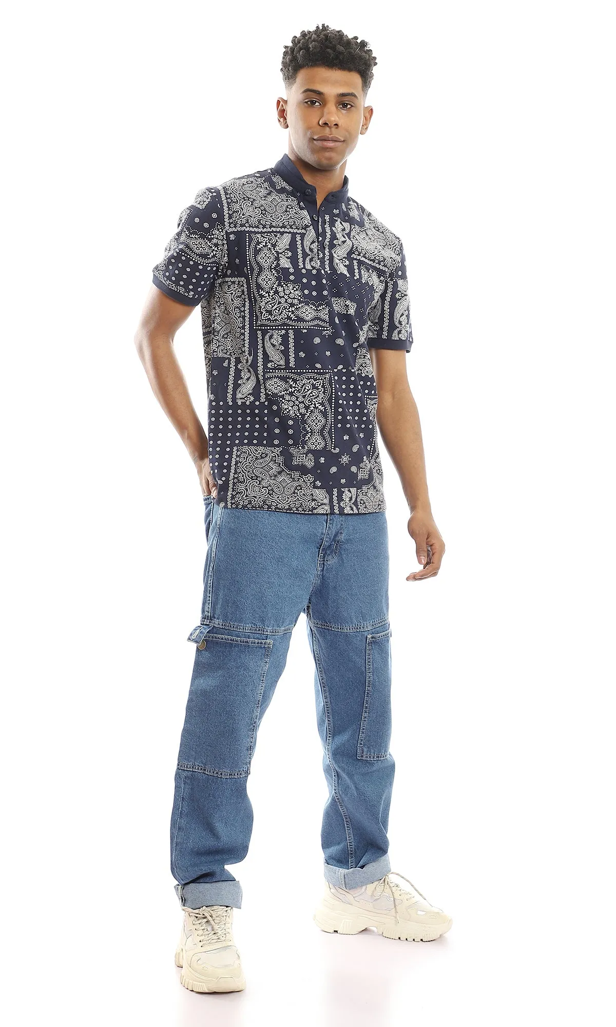 97556 Patterned Navy Blue Polo Shirt With Pique Touch