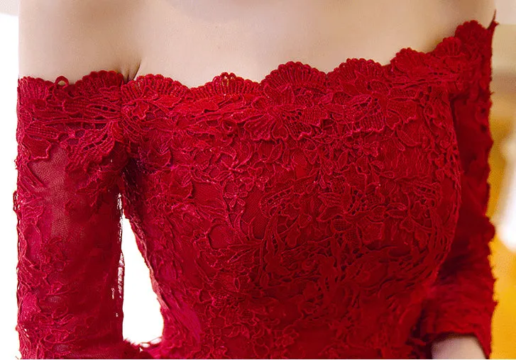 A Line Red Lace 3/4 Long Sleeves Sexy Prom Dress Evening Gowns Party Dress