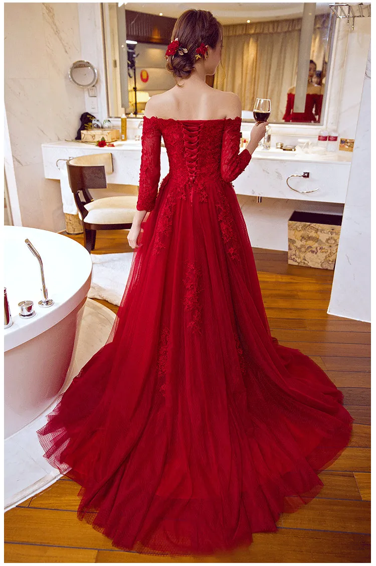 A Line Red Lace 3/4 Long Sleeves Sexy Prom Dress Evening Gowns Party Dress