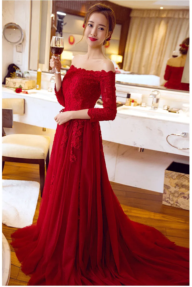 A Line Red Lace 3/4 Long Sleeves Sexy Prom Dress Evening Gowns Party Dress