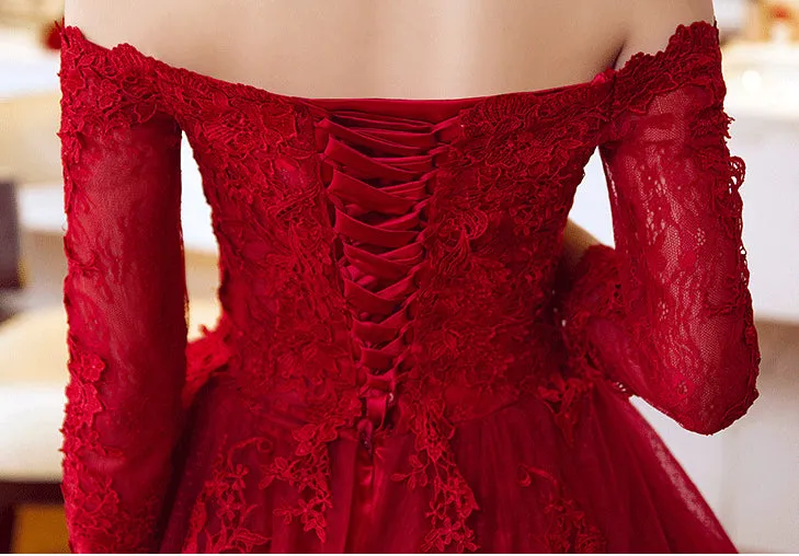 A Line Red Lace 3/4 Long Sleeves Sexy Prom Dress Evening Gowns Party Dress