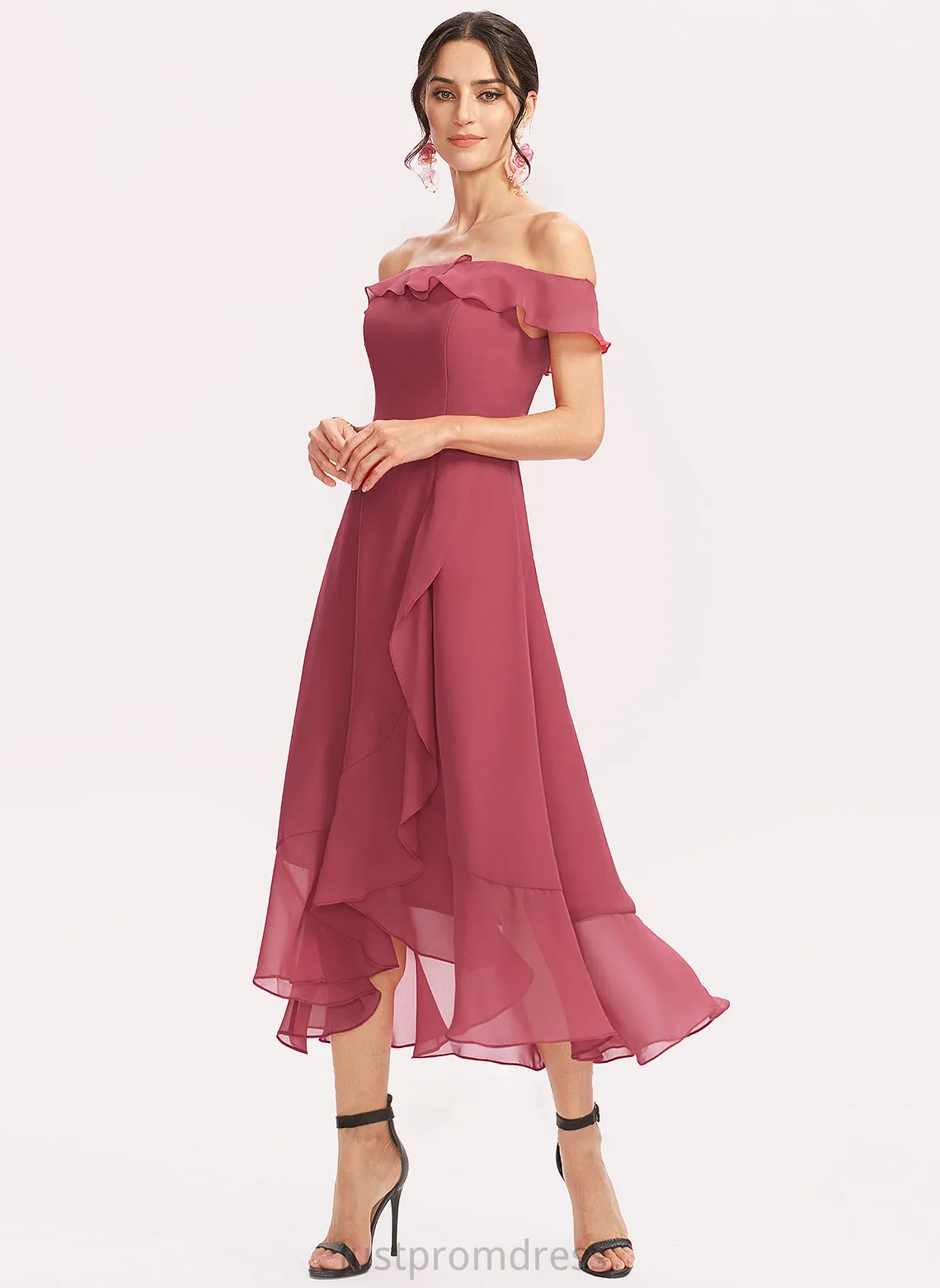 A-Line Silhouette CascadingRuffles Embellishment Length Fabric Neckline Off-the-Shoulder Tea-Length Cloe Sleeveless Natural Waist Bridesmaid Dresses