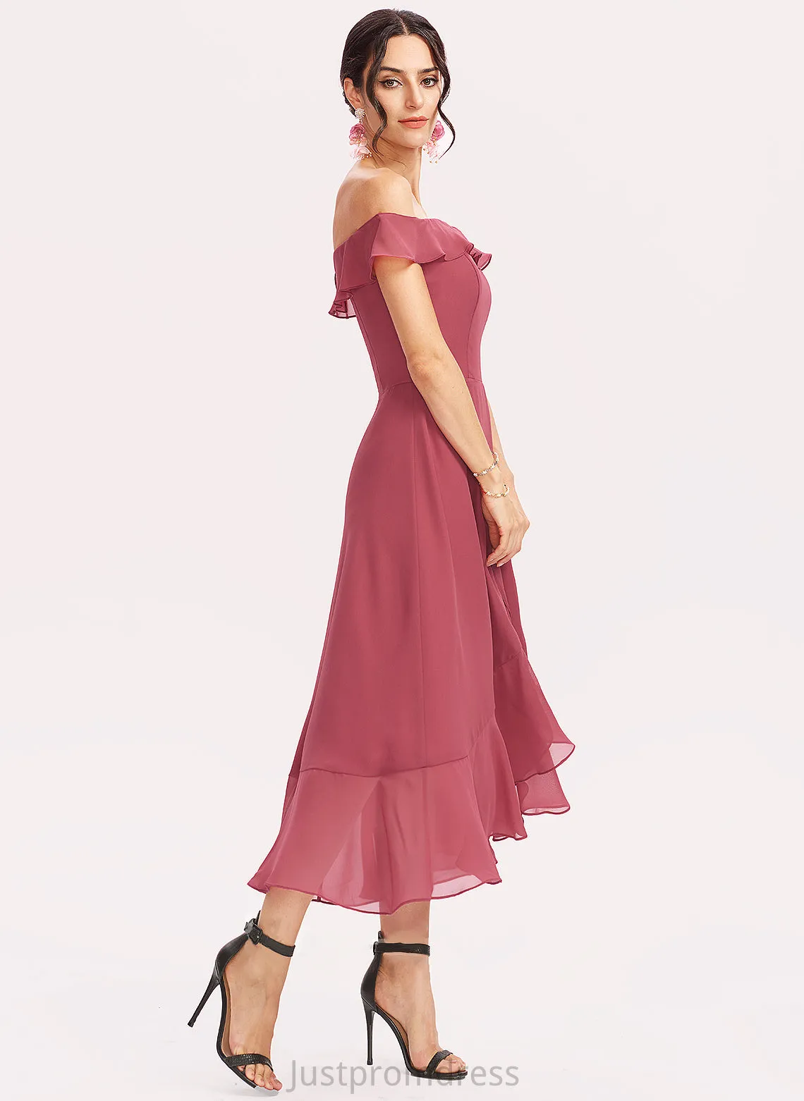 A-Line Silhouette CascadingRuffles Embellishment Length Fabric Neckline Off-the-Shoulder Tea-Length Cloe Sleeveless Natural Waist Bridesmaid Dresses