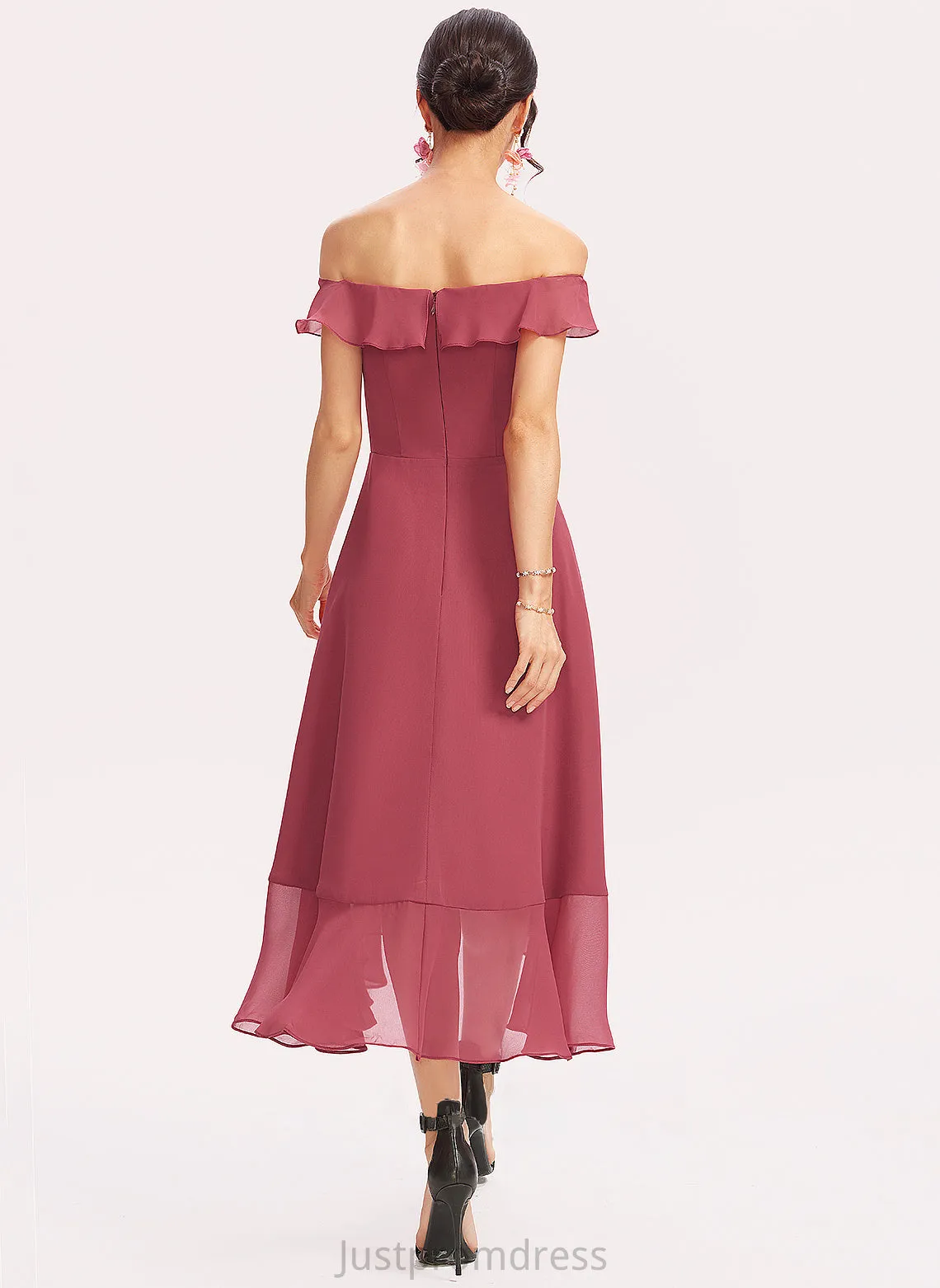 A-Line Silhouette CascadingRuffles Embellishment Length Fabric Neckline Off-the-Shoulder Tea-Length Cloe Sleeveless Natural Waist Bridesmaid Dresses