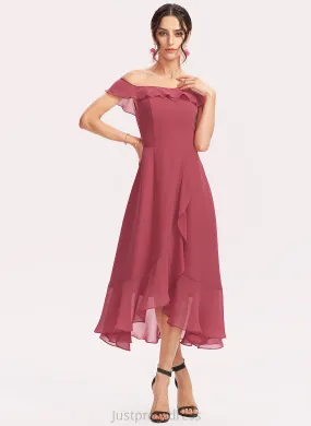 A-Line Silhouette CascadingRuffles Embellishment Length Fabric Neckline Off-the-Shoulder Tea-Length Cloe Sleeveless Natural Waist Bridesmaid Dresses