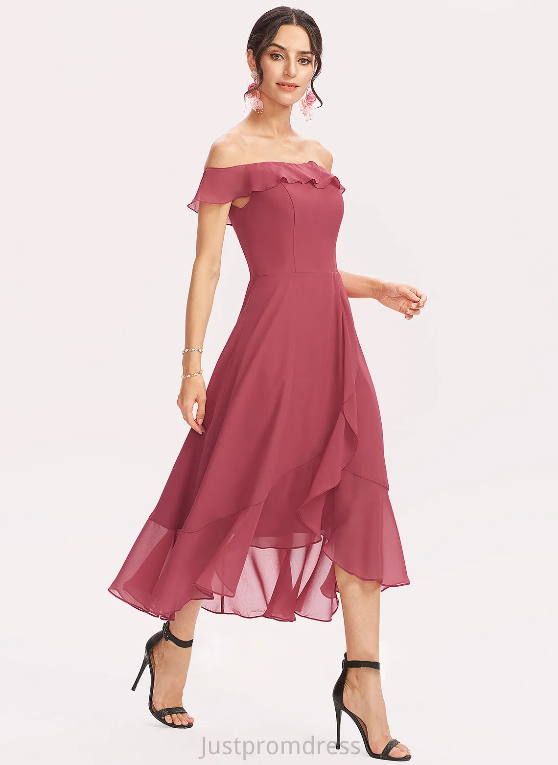 A-Line Silhouette CascadingRuffles Embellishment Length Fabric Neckline Off-the-Shoulder Tea-Length Cloe Sleeveless Natural Waist Bridesmaid Dresses