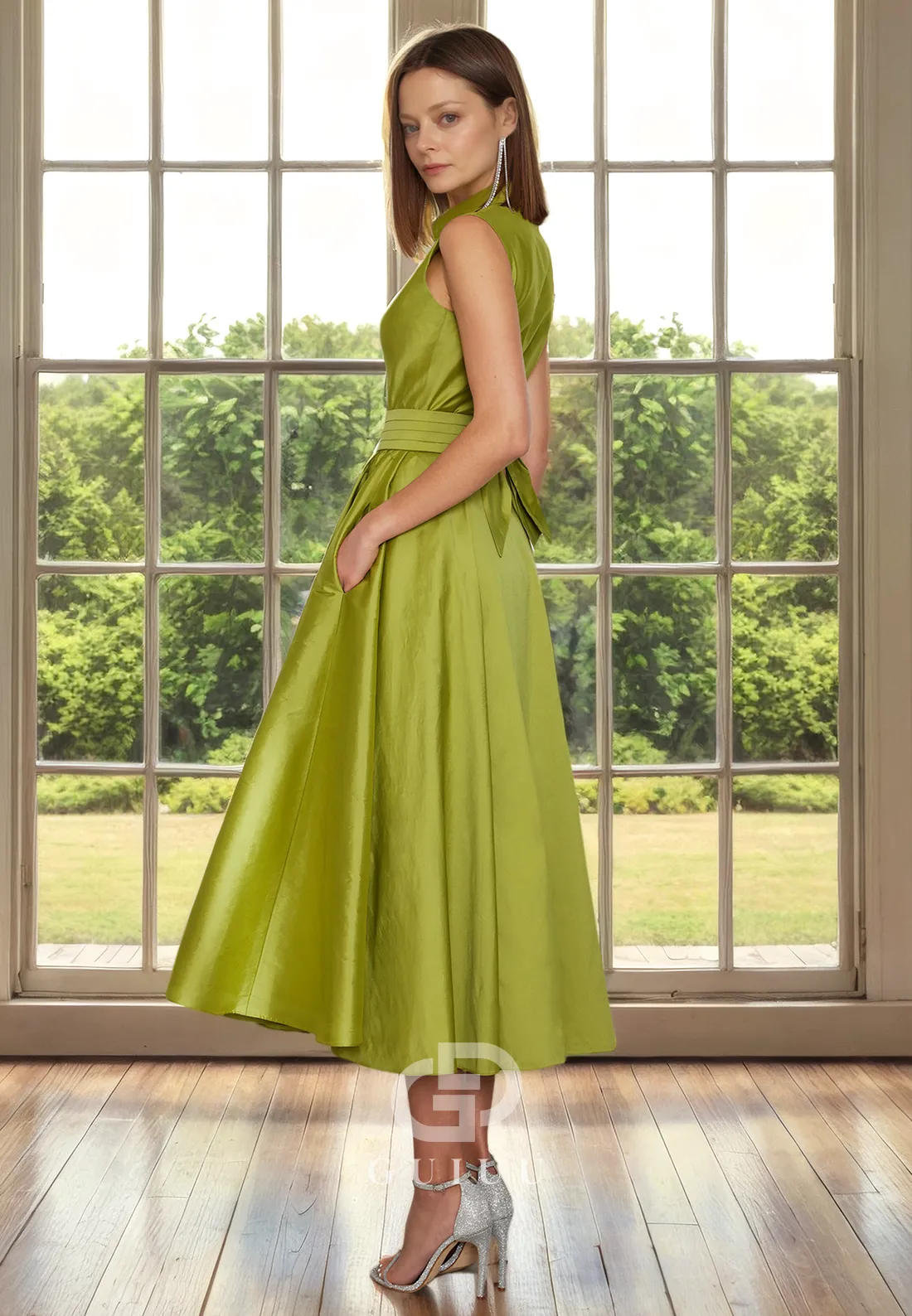 A-Line Sleeveless Buttons Tea Length Wedding Guest Mother of Bride Dress