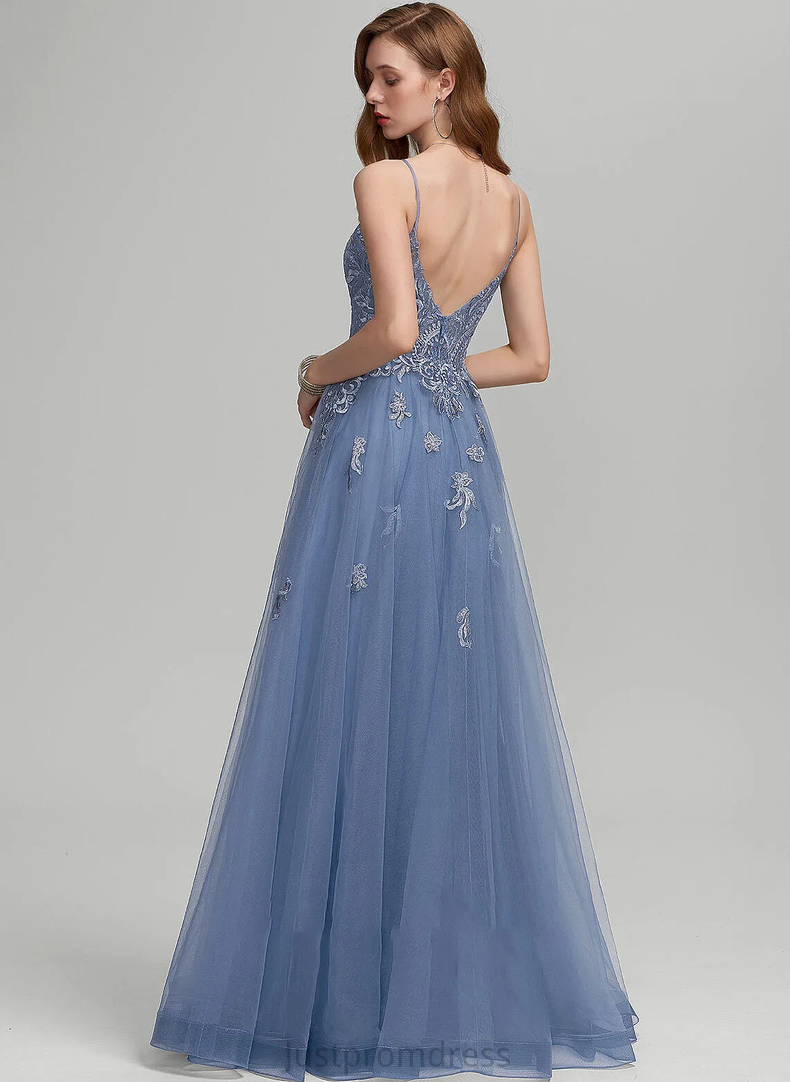 A-Line V-neck Tulle Sequins Prom Dresses Floor-Length With Glenda