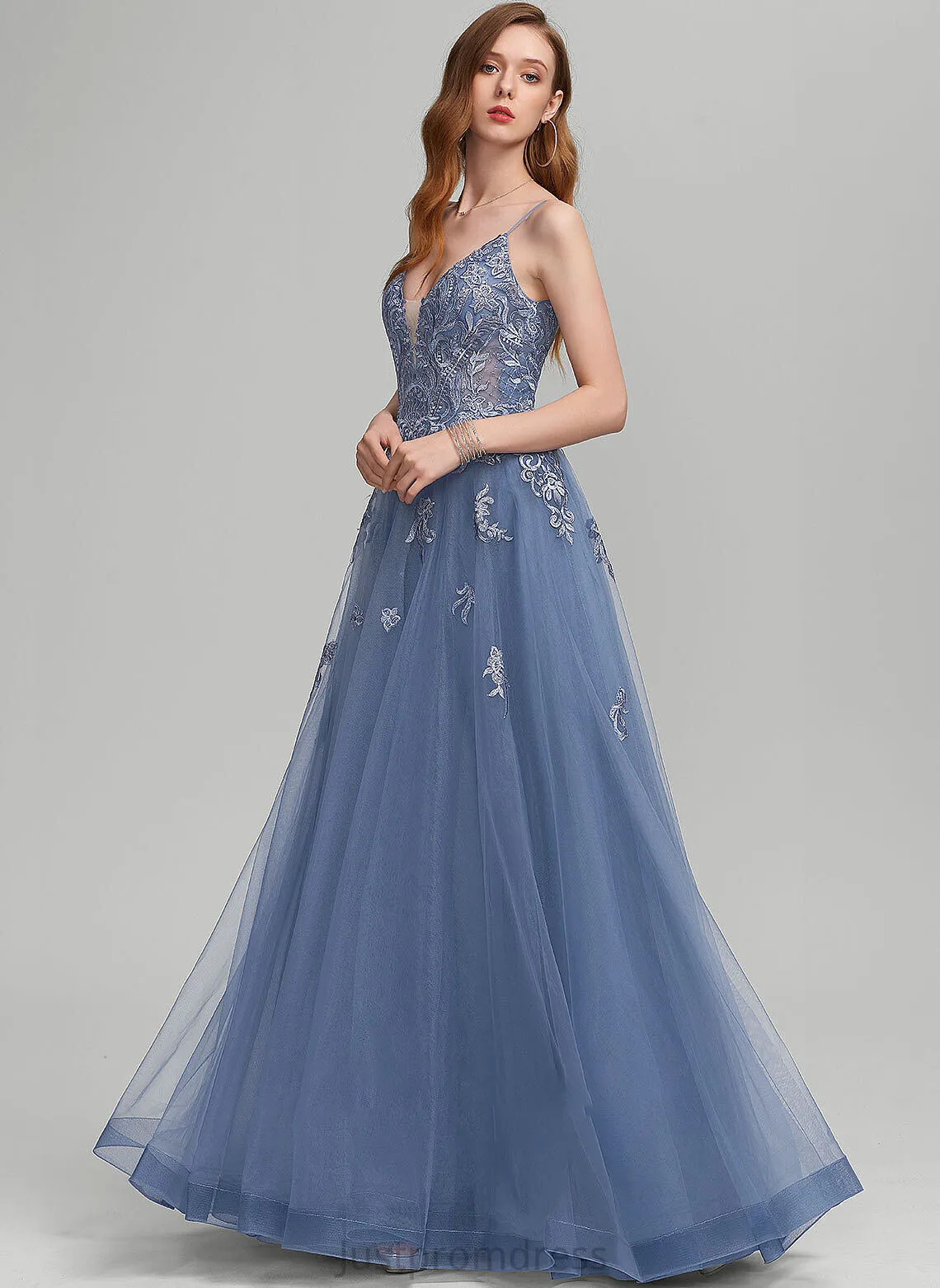 A-Line V-neck Tulle Sequins Prom Dresses Floor-Length With Glenda