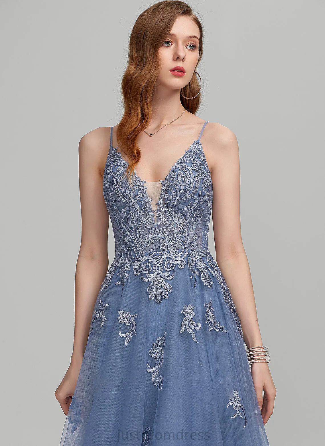A-Line V-neck Tulle Sequins Prom Dresses Floor-Length With Glenda
