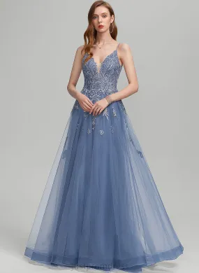 A-Line V-neck Tulle Sequins Prom Dresses Floor-Length With Glenda