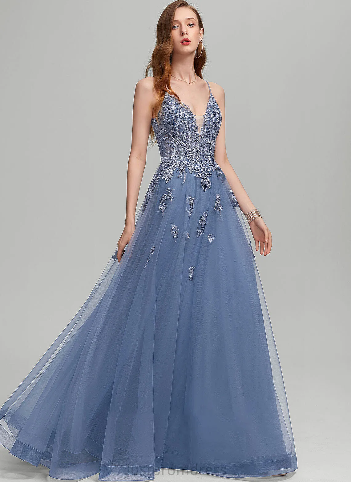 A-Line V-neck Tulle Sequins Prom Dresses Floor-Length With Glenda