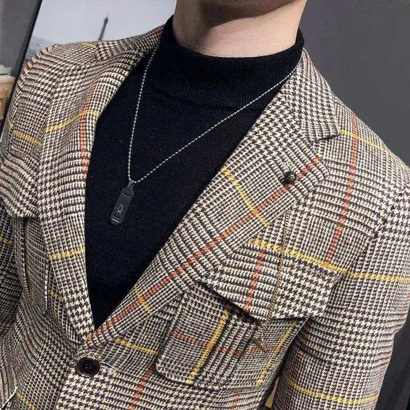 Aidase mens outfits Spring Men Plaid Blazers British Printed Wedding Business Casual Blazer Suit Jacket Male Formal Blazers Plus Size S-3XL