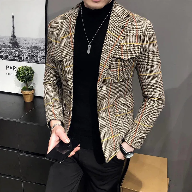 Aidase mens outfits Spring Men Plaid Blazers British Printed Wedding Business Casual Blazer Suit Jacket Male Formal Blazers Plus Size S-3XL