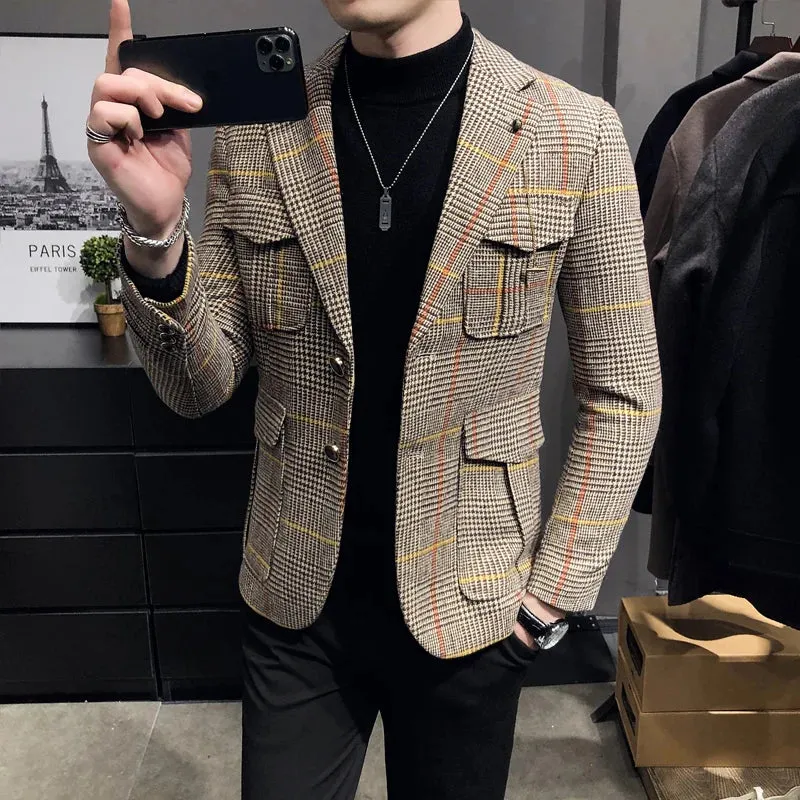 Aidase mens outfits Spring Men Plaid Blazers British Printed Wedding Business Casual Blazer Suit Jacket Male Formal Blazers Plus Size S-3XL