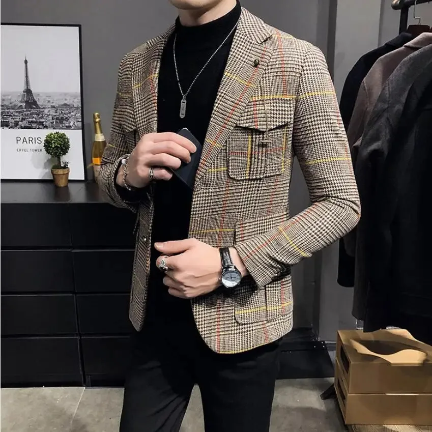Aidase mens outfits Spring Men Plaid Blazers British Printed Wedding Business Casual Blazer Suit Jacket Male Formal Blazers Plus Size S-3XL