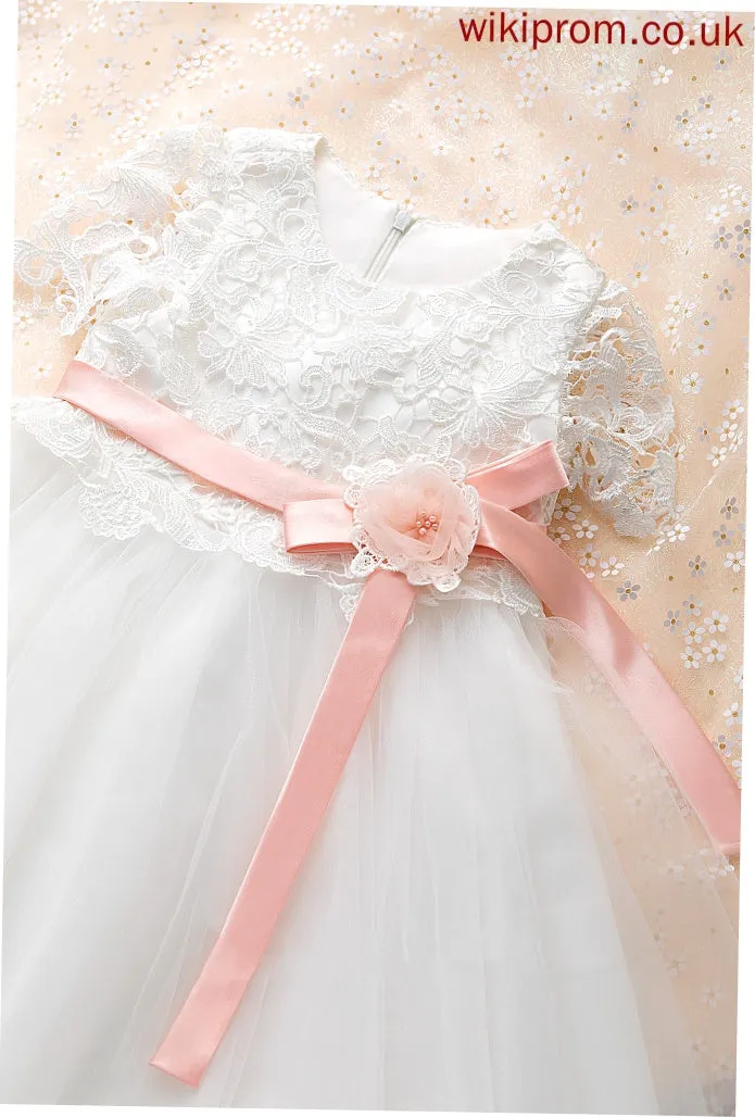 Ainsley - Knee-length Flower Girl Dresses With Neck Short A-Line Girl Dress Sleeves Flower Sash/Flower(s) Scoop Tulle/Lace