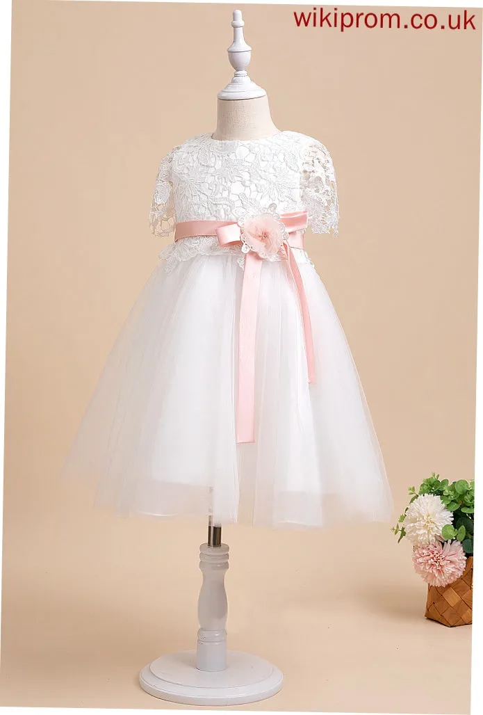 Ainsley - Knee-length Flower Girl Dresses With Neck Short A-Line Girl Dress Sleeves Flower Sash/Flower(s) Scoop Tulle/Lace