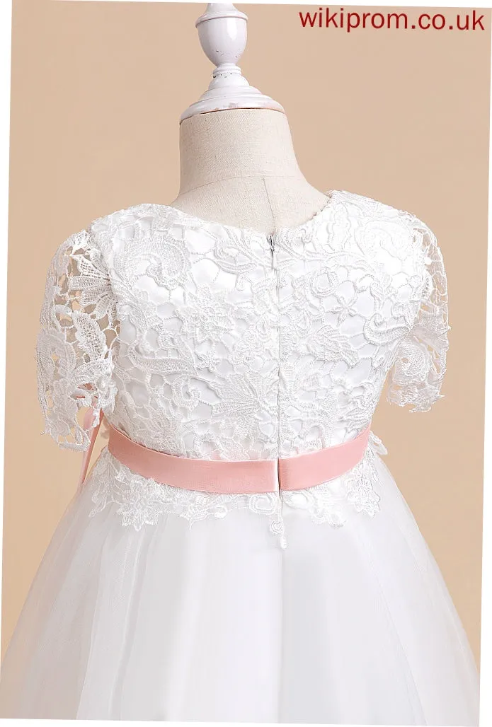 Ainsley - Knee-length Flower Girl Dresses With Neck Short A-Line Girl Dress Sleeves Flower Sash/Flower(s) Scoop Tulle/Lace