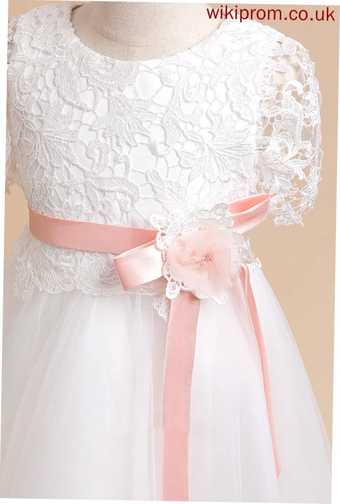 Ainsley - Knee-length Flower Girl Dresses With Neck Short A-Line Girl Dress Sleeves Flower Sash/Flower(s) Scoop Tulle/Lace