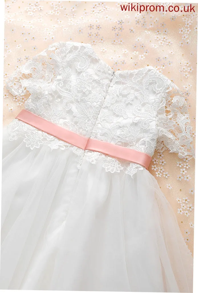 Ainsley - Knee-length Flower Girl Dresses With Neck Short A-Line Girl Dress Sleeves Flower Sash/Flower(s) Scoop Tulle/Lace