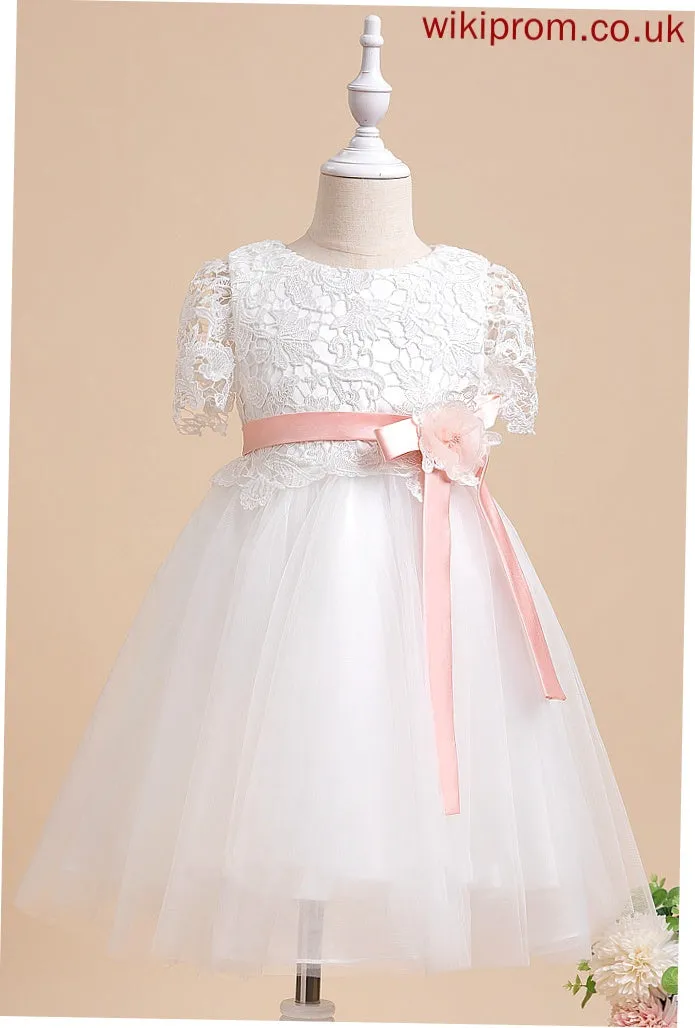 Ainsley - Knee-length Flower Girl Dresses With Neck Short A-Line Girl Dress Sleeves Flower Sash/Flower(s) Scoop Tulle/Lace