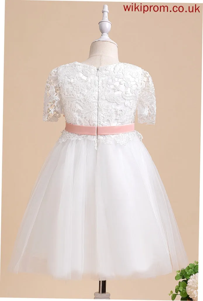 Ainsley - Knee-length Flower Girl Dresses With Neck Short A-Line Girl Dress Sleeves Flower Sash/Flower(s) Scoop Tulle/Lace