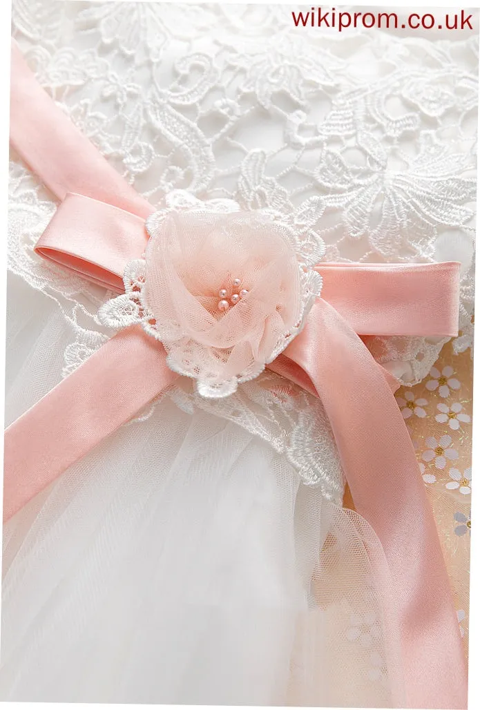 Ainsley - Knee-length Flower Girl Dresses With Neck Short A-Line Girl Dress Sleeves Flower Sash/Flower(s) Scoop Tulle/Lace