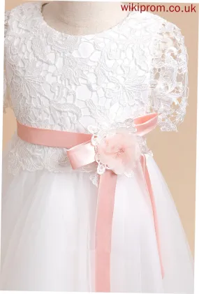 Ainsley - Knee-length Flower Girl Dresses With Neck Short A-Line Girl Dress Sleeves Flower Sash/Flower(s) Scoop Tulle/Lace