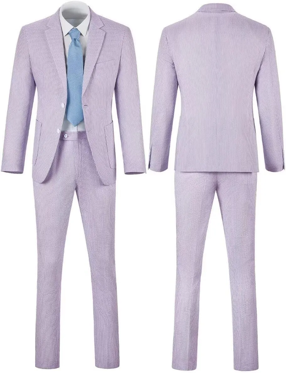 Aowdoy Blue Seersucker Suits 2 Piece Casual Summer Beach Men Suits Wedding Grooms Jacket Pants Striped Suit Set