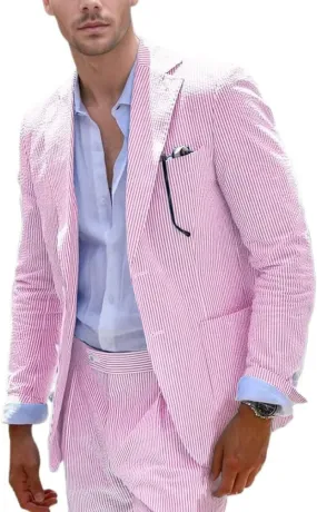 Aowdoy Blue Seersucker Suits 2 Piece Casual Summer Beach Men Suits Wedding Grooms Jacket Pants Striped Suit Set