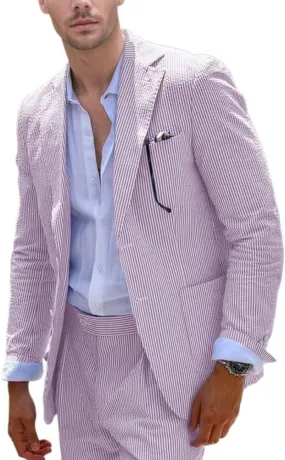 Aowdoy Blue Seersucker Suits 2 Piece Casual Summer Beach Men Suits Wedding Grooms Jacket Pants Striped Suit Set