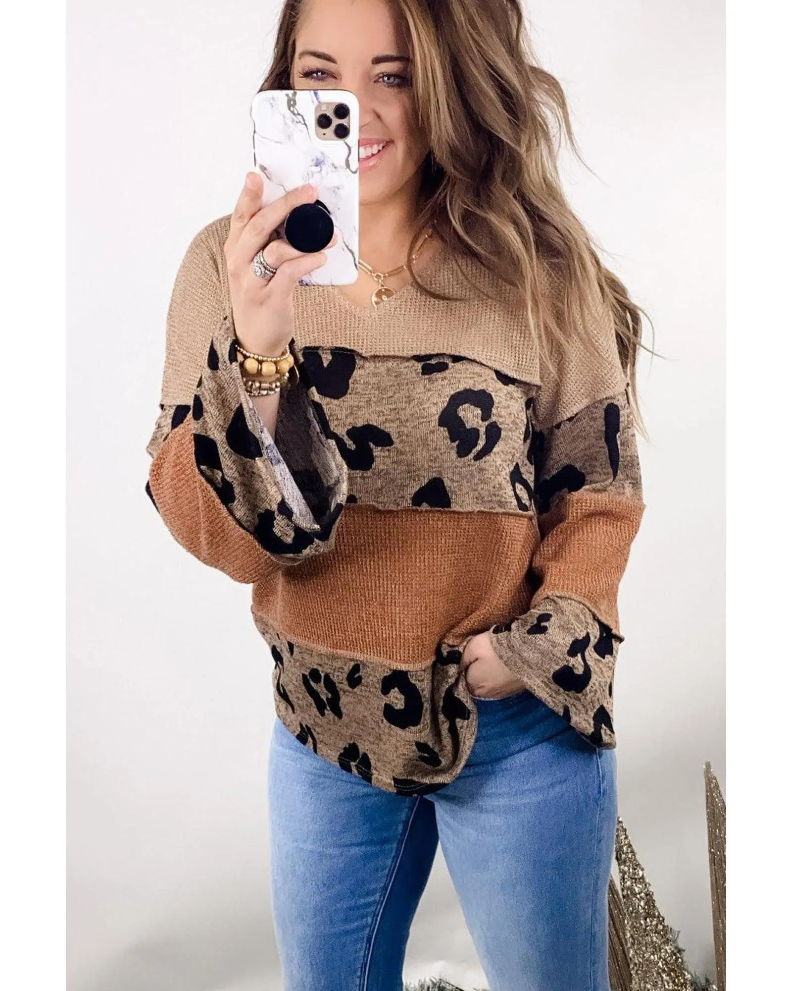 Azura Exchange Leopard Colorblock Patchwork Knit Top - S