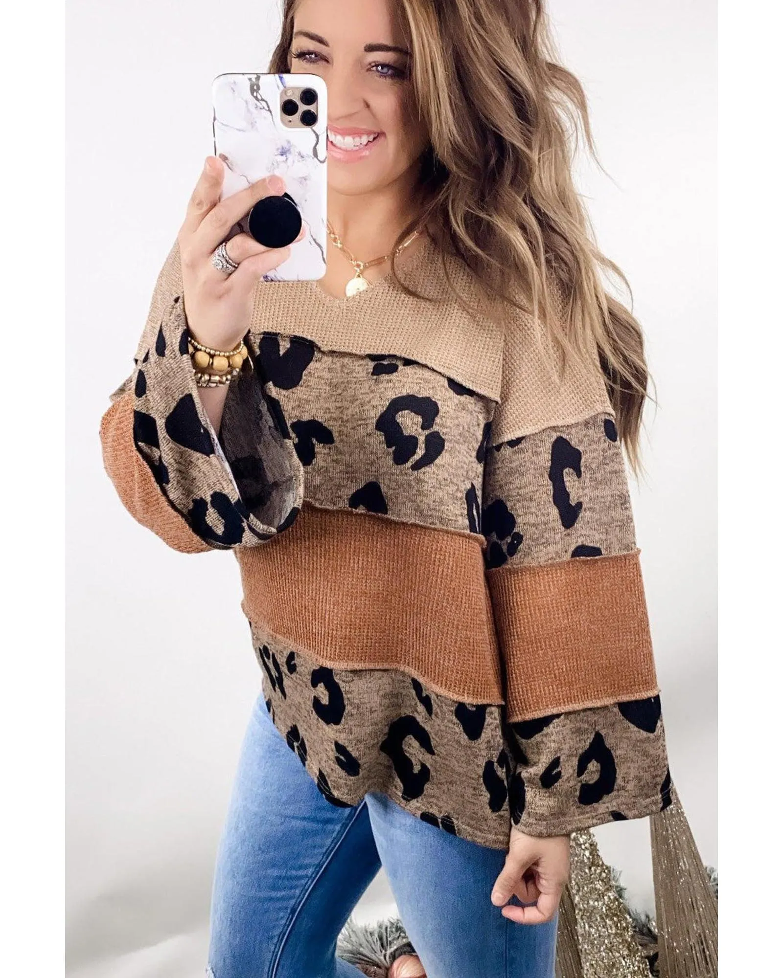 Azura Exchange Leopard Colorblock Patchwork Knit Top - S